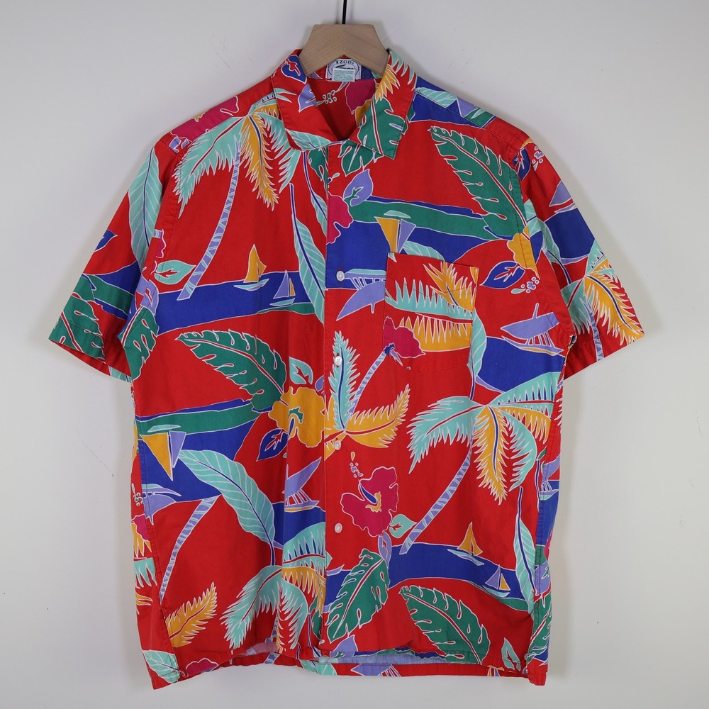 Vintage Izod Lacoste Tropical Palm Tree Short‎ Sleeve Button Up Shirt Mens Large